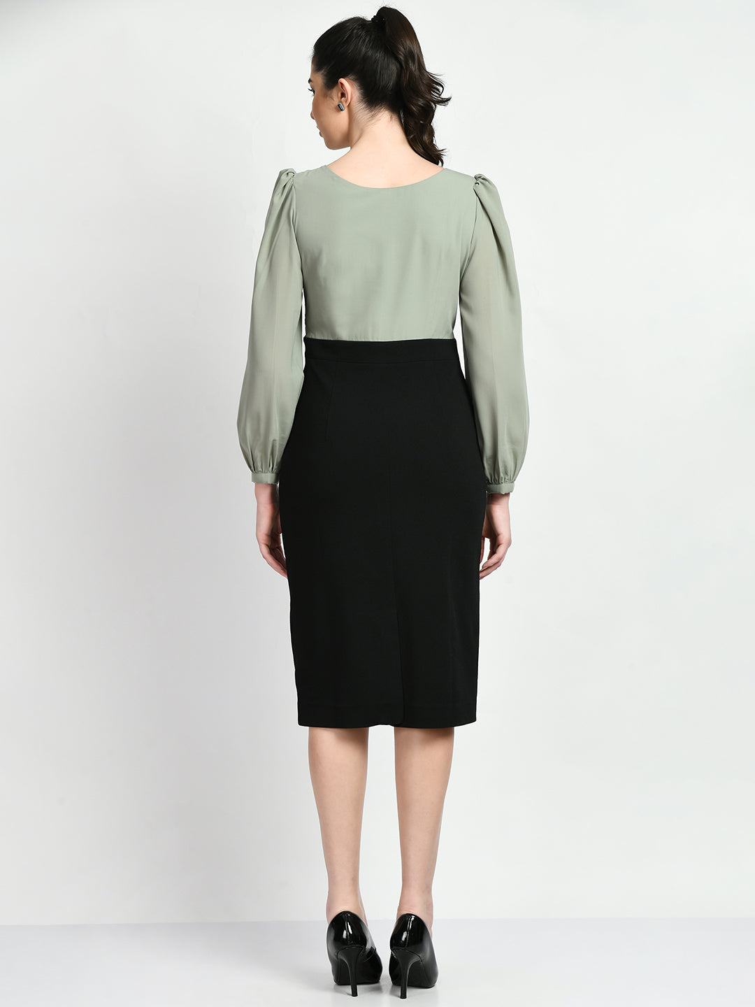 Exude Style Colour Blocked Sheath Dress Black + Pista Green Dresses