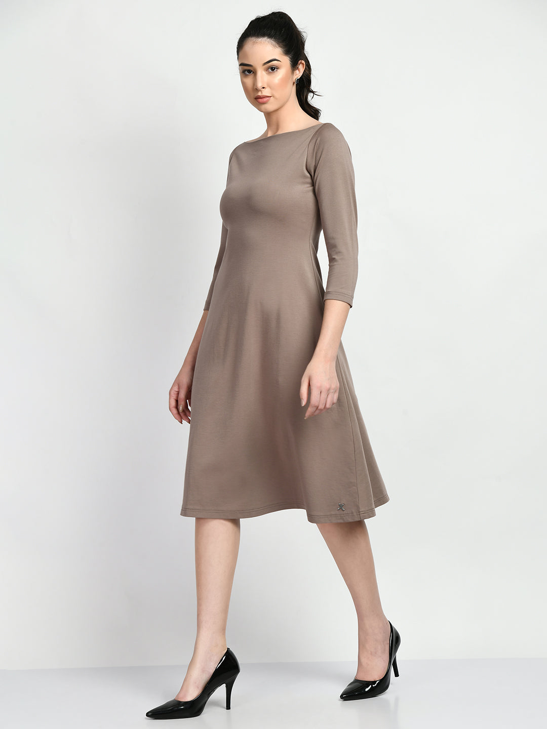 Exude Dignity Boat Neck A-line Dress Camel Beige Dresses