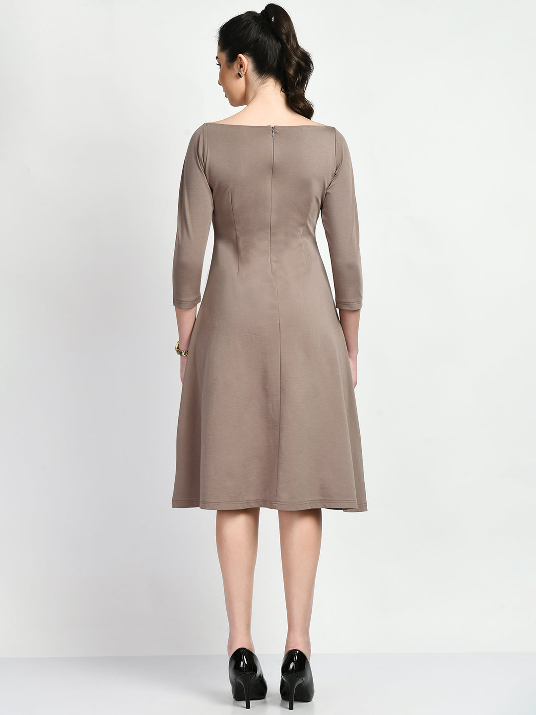 Exude Dignity Boat Neck A-line Dress Camel Beige Dresses