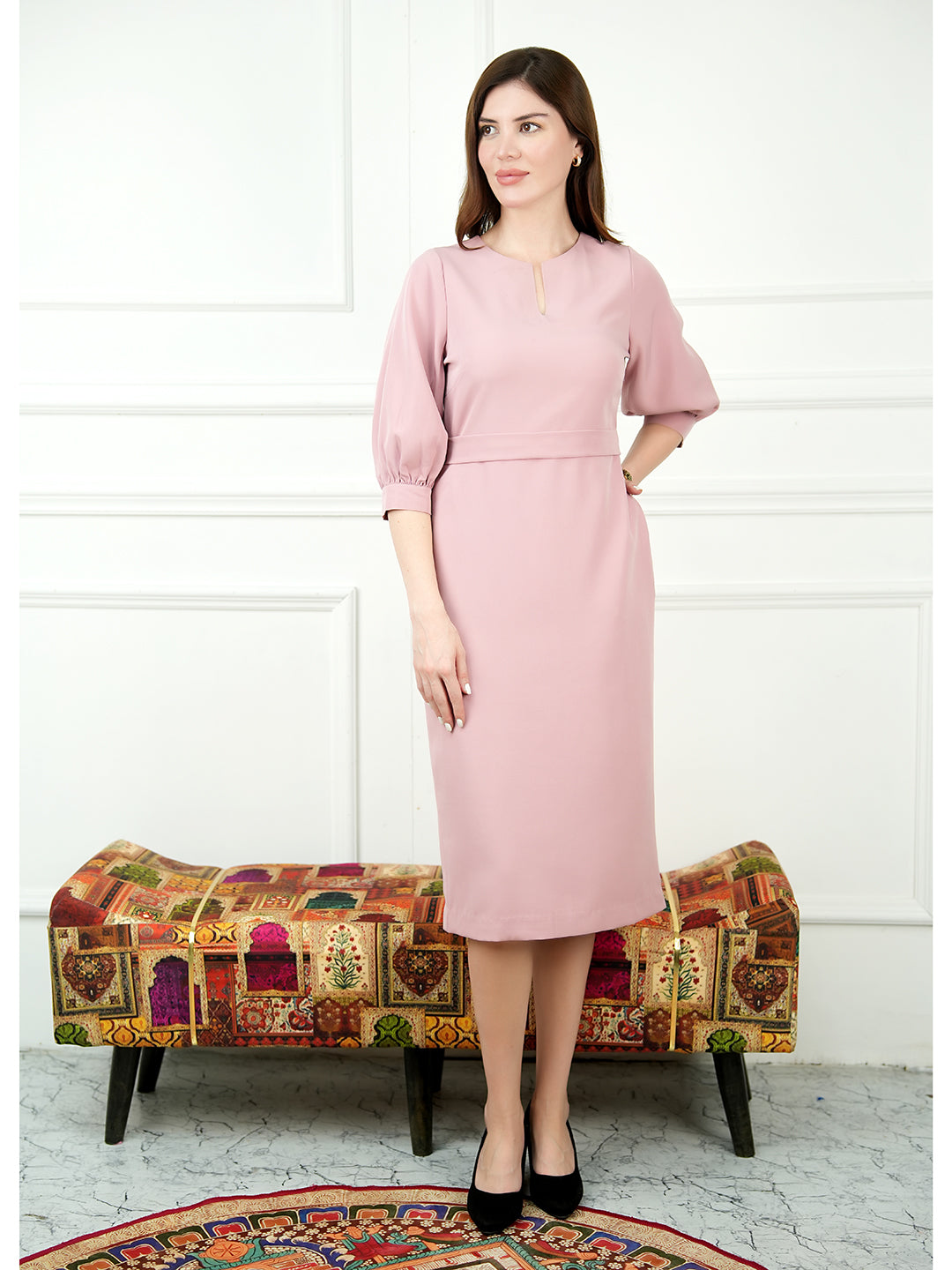 Exude Bright Low 3/4 Puff Sleeve Dress Blush Pink Dresses