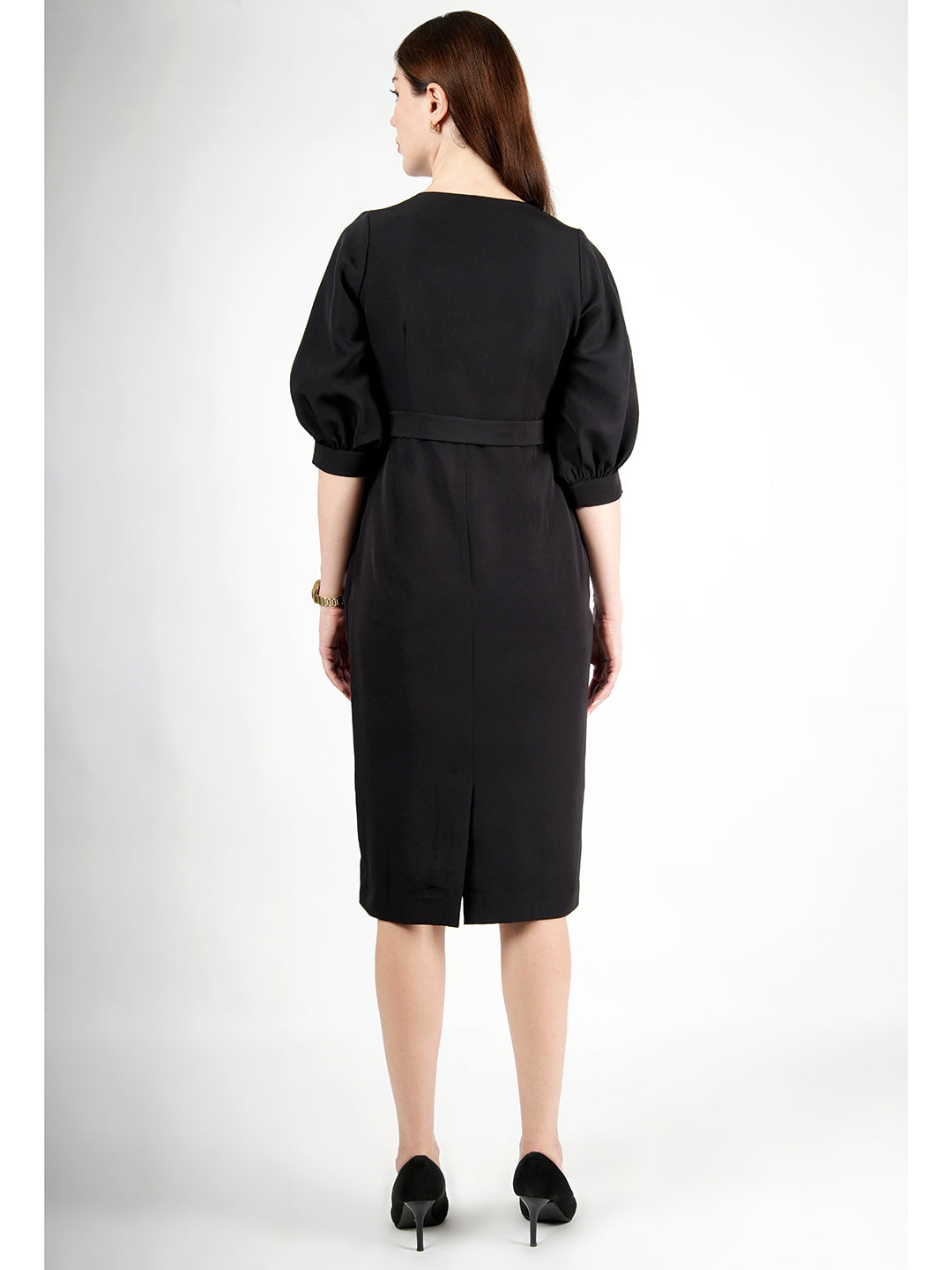 Exude Bright Low 3/4 Puff Sleeve Dress Black Dresses