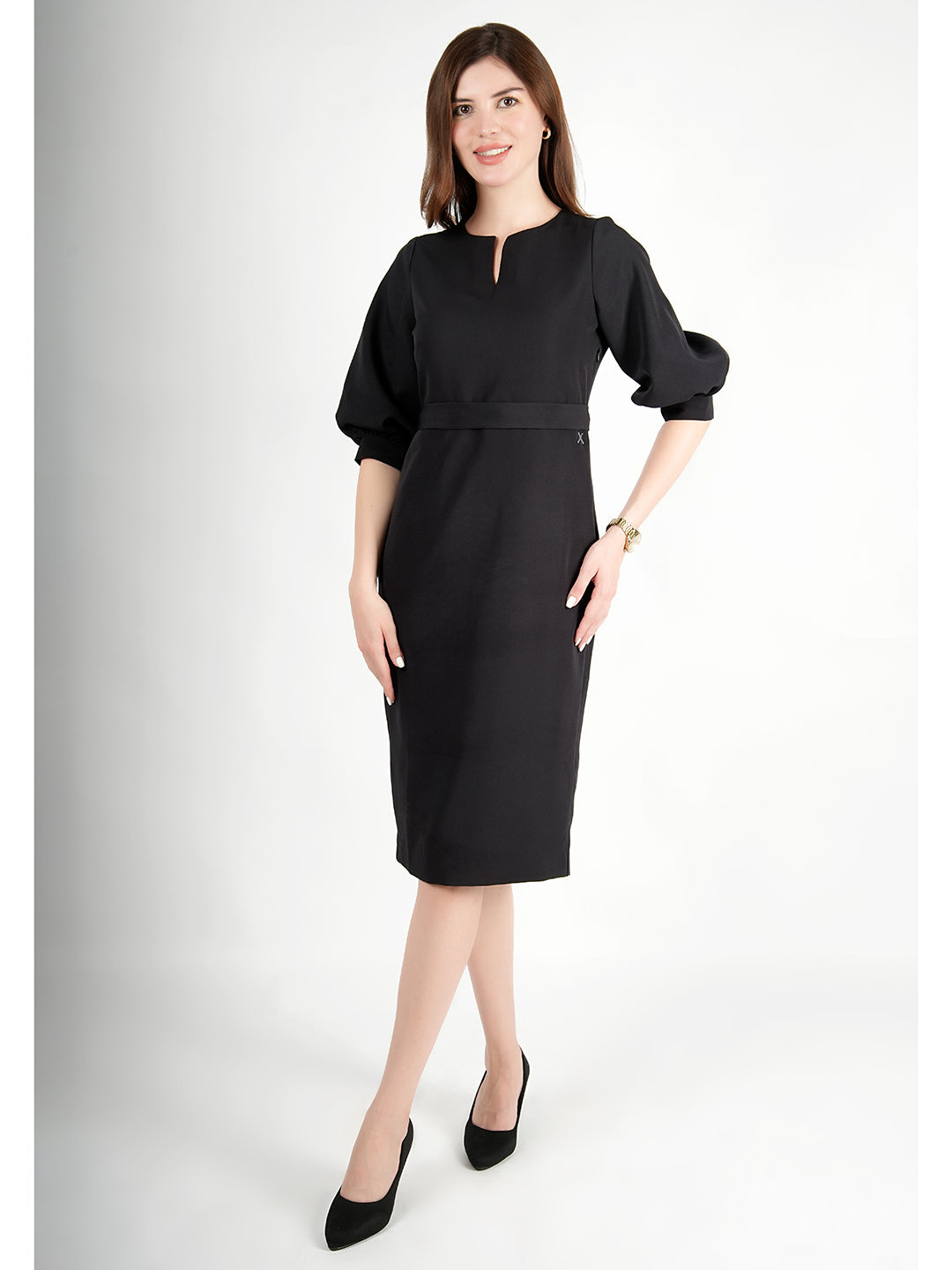 Exude Bright Low 3/4 Puff Sleeve Dress Black Dresses