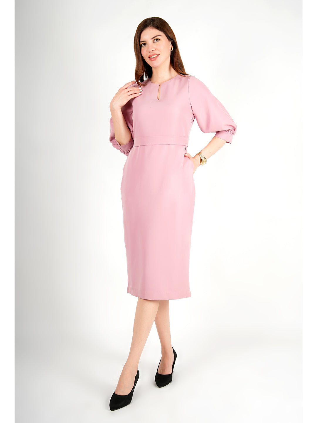 Exude Bright Low 3/4 Puff Sleeve Dress Blush Pink Dresses