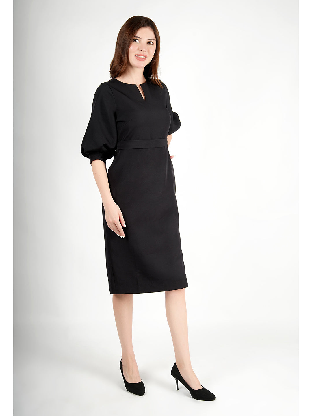 Exude Bright Low 3/4 Puff Sleeve Dress Black Dresses