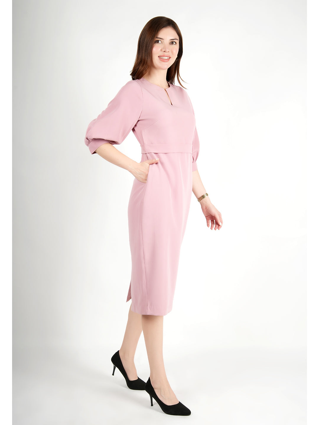 Exude Bright Low 3/4 Puff Sleeve Dress Blush Pink Dresses