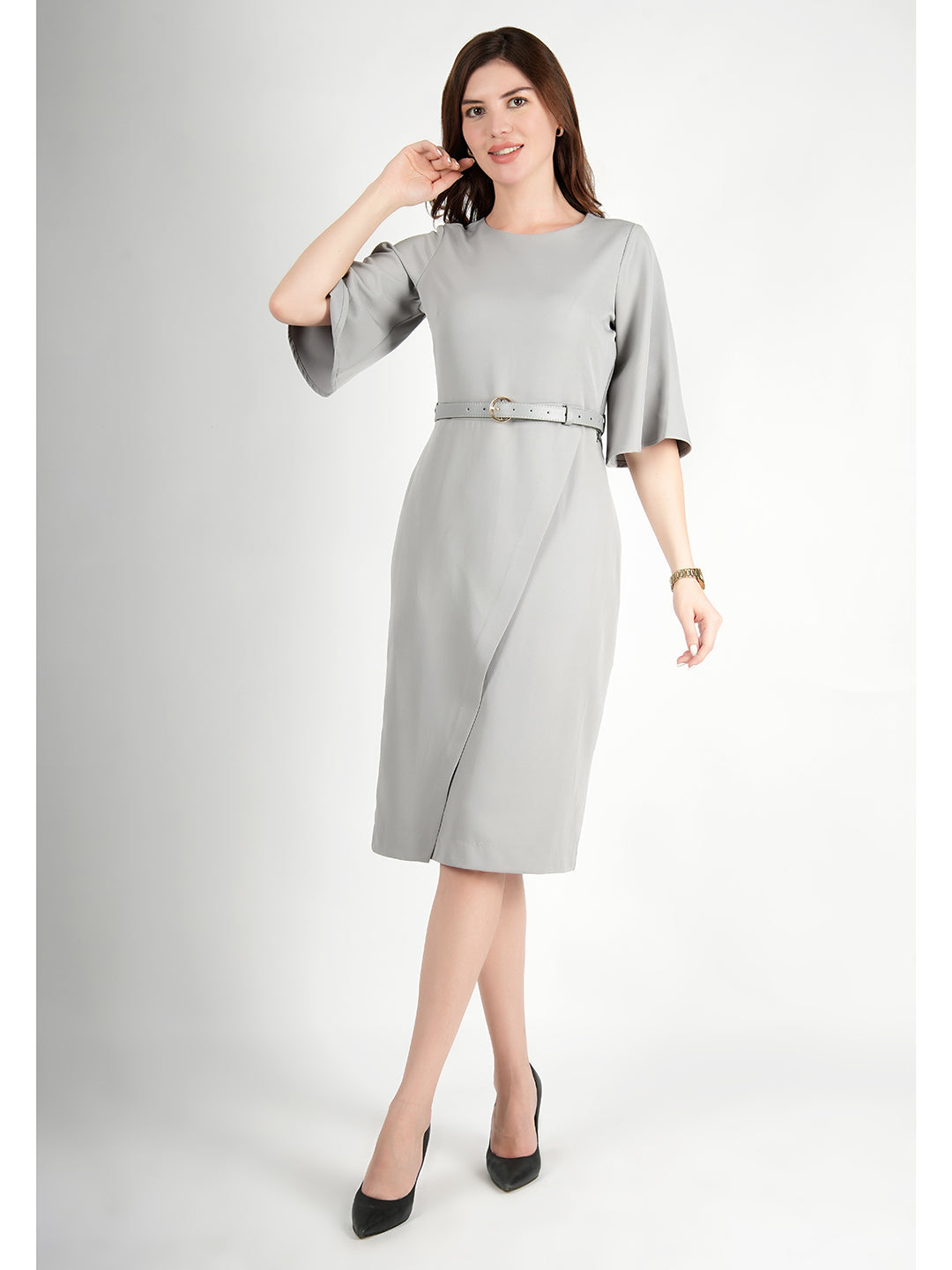 Exude Bliss Bell Sleeve Dress with Belt Grey Dresses