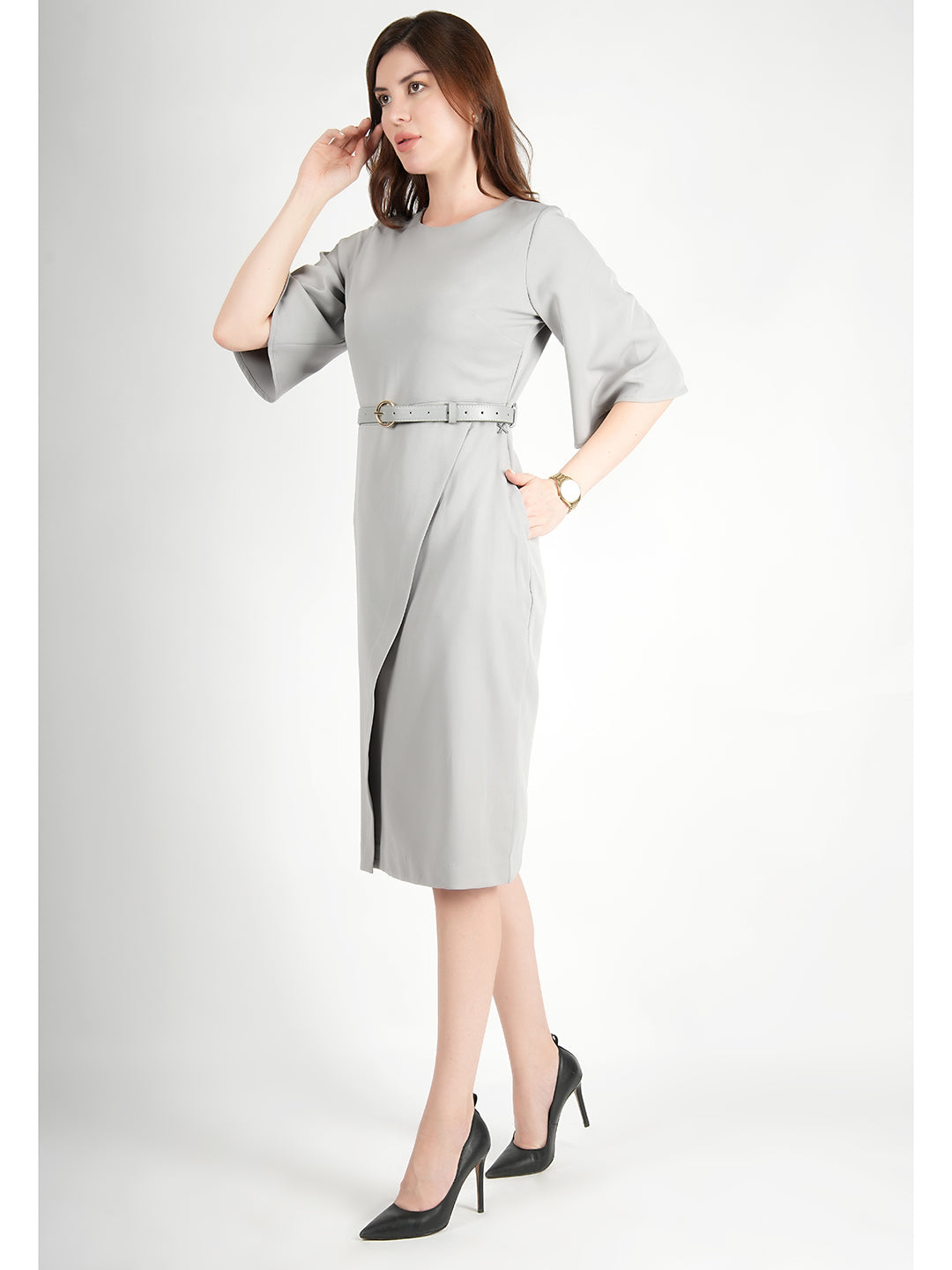 Exude Bliss Bell Sleeve Dress with Belt Grey Dresses