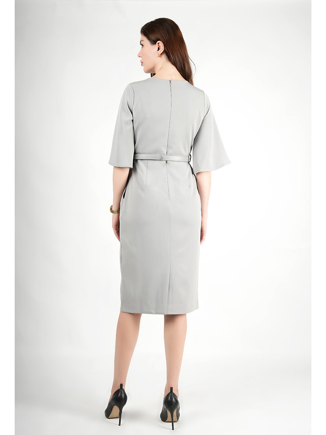 Exude Bliss Bell Sleeve Dress with Belt Grey Dresses