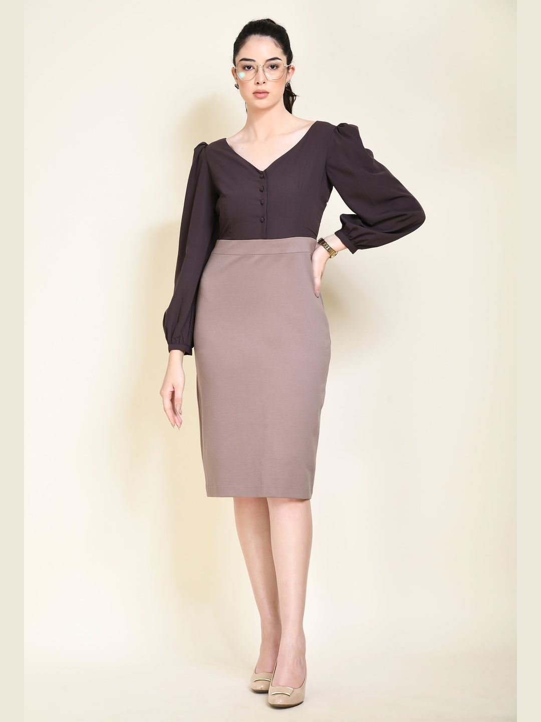 Exude Style Colour Blocked Sheath Dress Camel Beige + Coffee Brown Dresses
