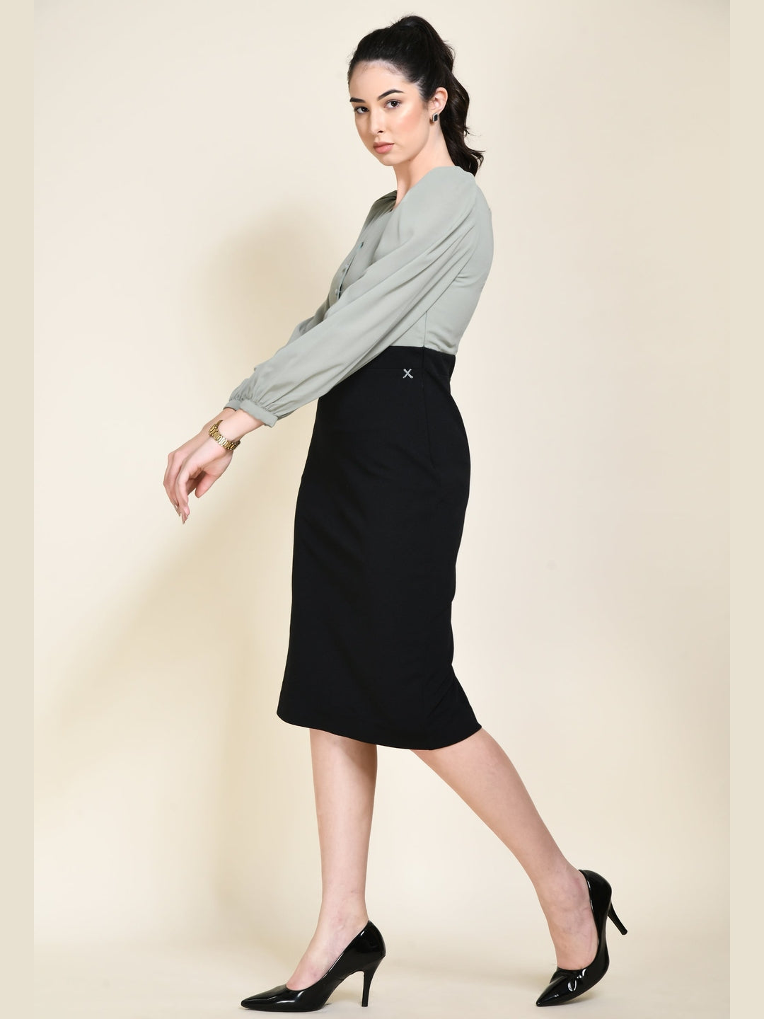 Exude Style Colour Blocked Sheath Dress Black + Pista Green Dresses