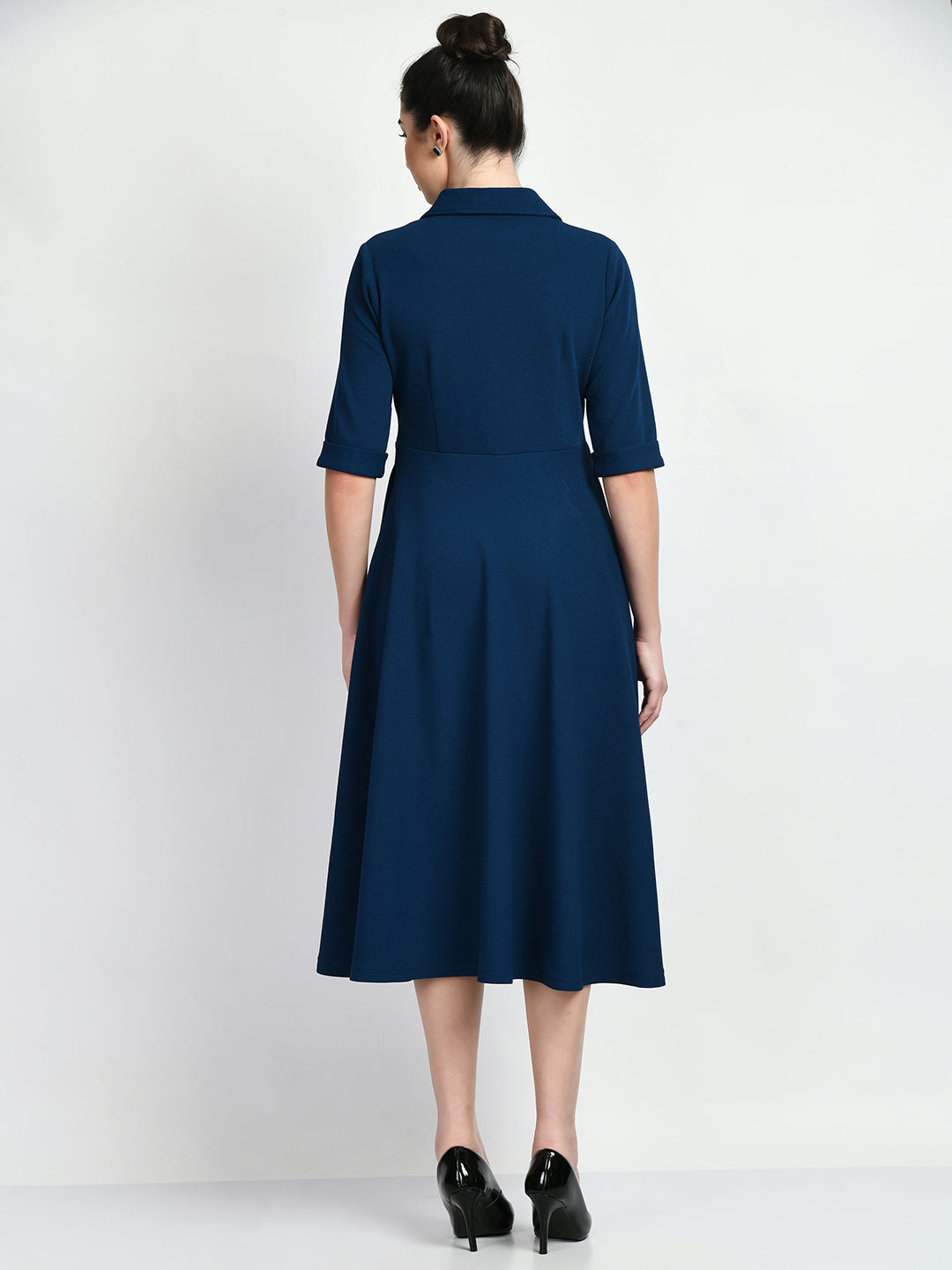Exude Serenity Fit and Flared Shirt Midi Dress Royal Blue Dresses