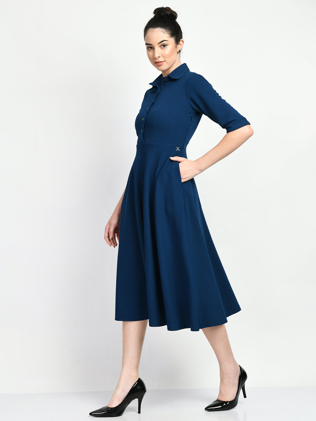 Exude Serenity Fit and Flared Shirt Midi Dress Royal Blue Dresses
