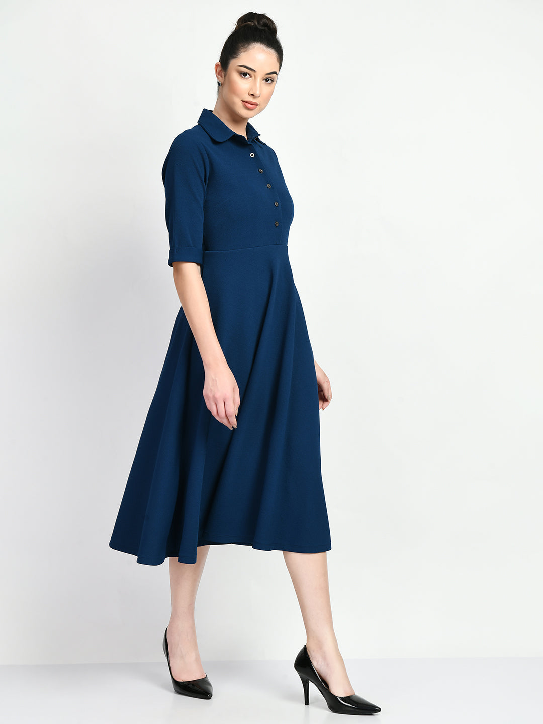Exude Serenity Fit and Flared Shirt Midi Dress Royal Blue Dresses