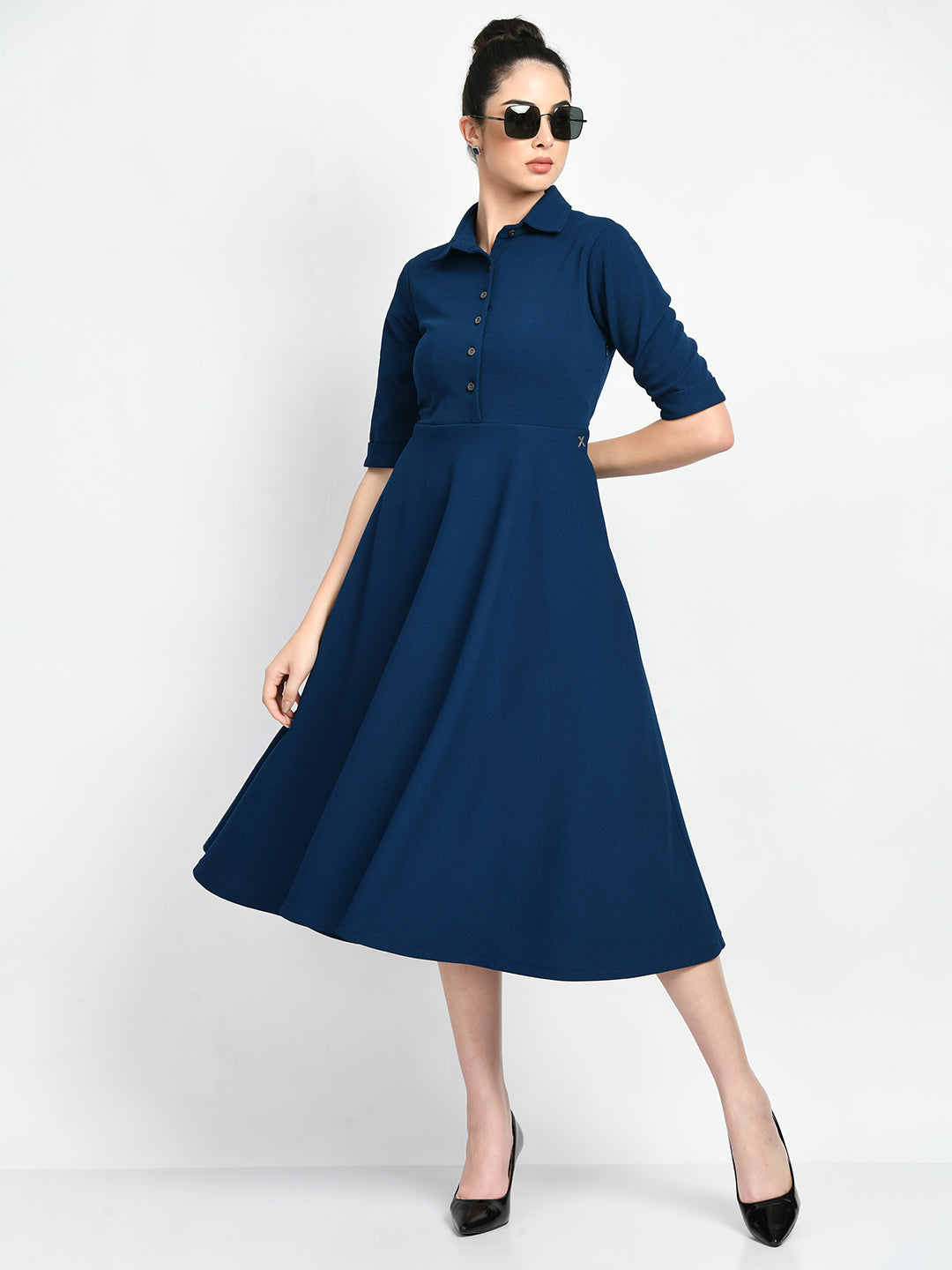 Exude Serenity Fit and Flared Shirt Midi Dress Royal Blue Dresses