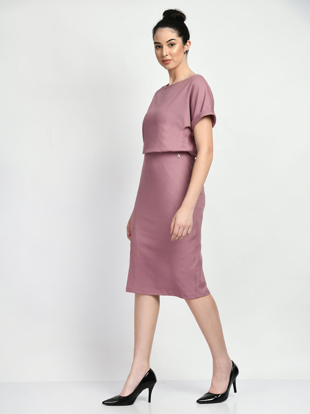 Exude Enigma Ribbed Blouson Dress Dusty Pink Dresses
