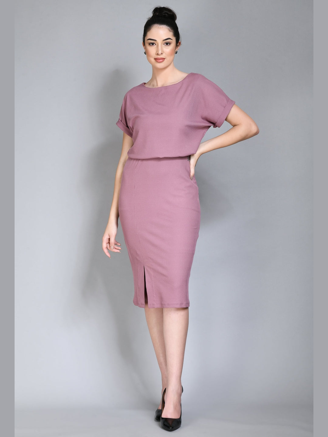 Exude Enigma Ribbed Blouson Dress Dusty Pink Dresses