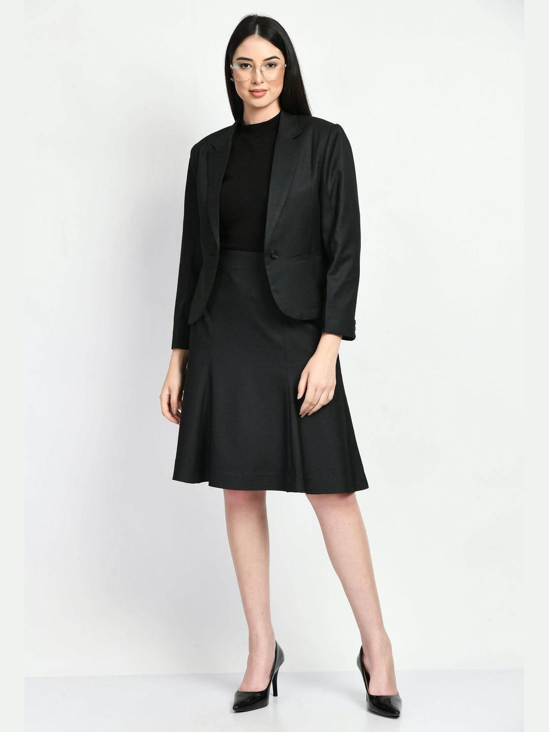 Exude Radiance Checked Short Blazer A-line Skirt Suit Black Suit