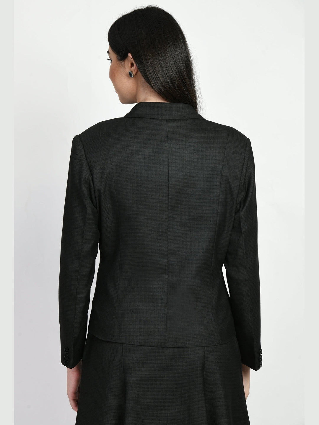 Exude Motivation Checked Short Blazer Pencil Skirt Suit Black Suit