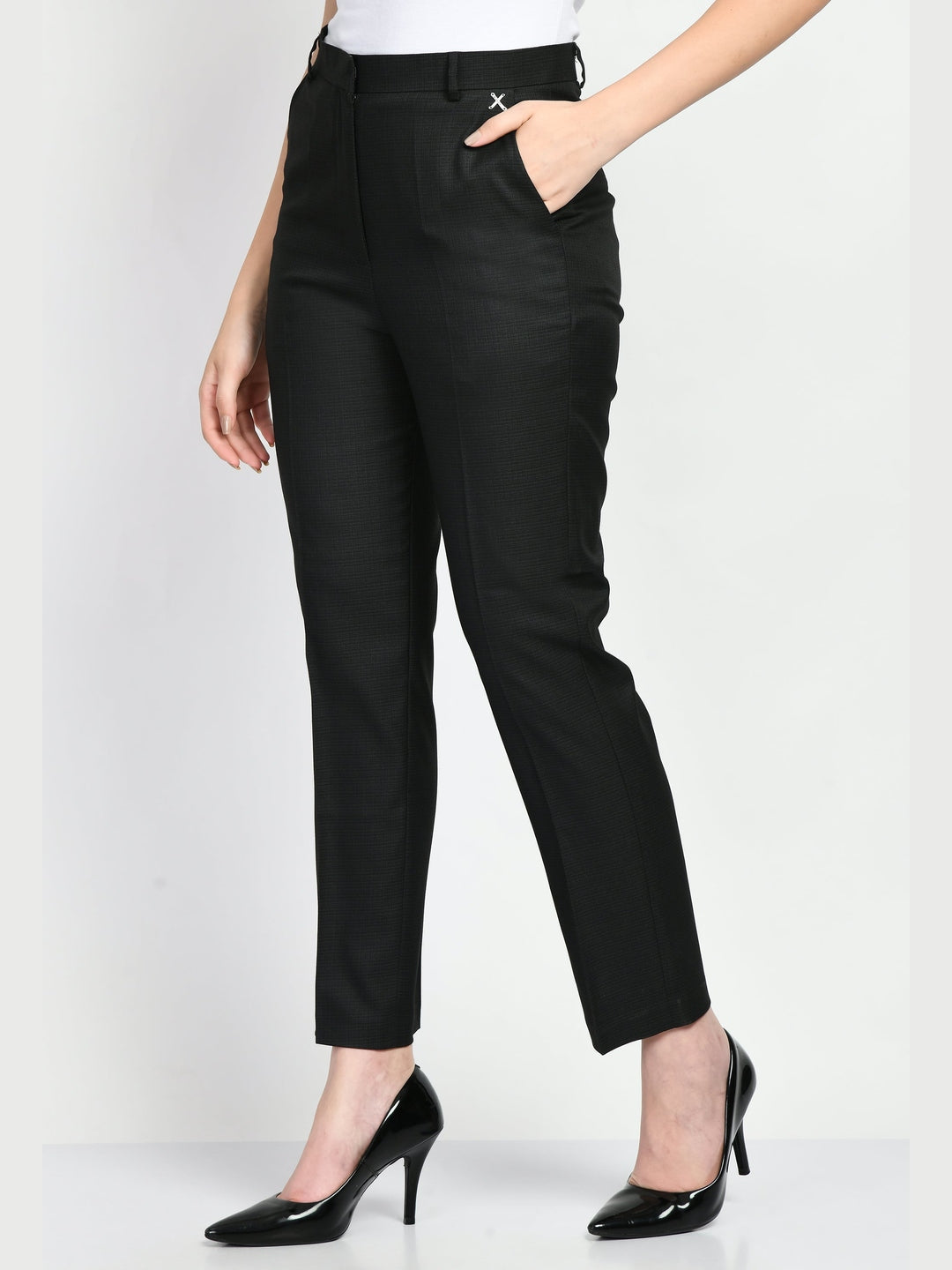 Exude Success Checked Short Blazer Pant Suit Black Suit