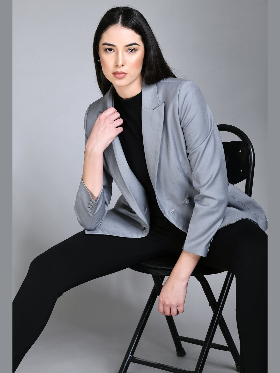 Exude Poise Double Breasted Medium Blazer Grey Blazers