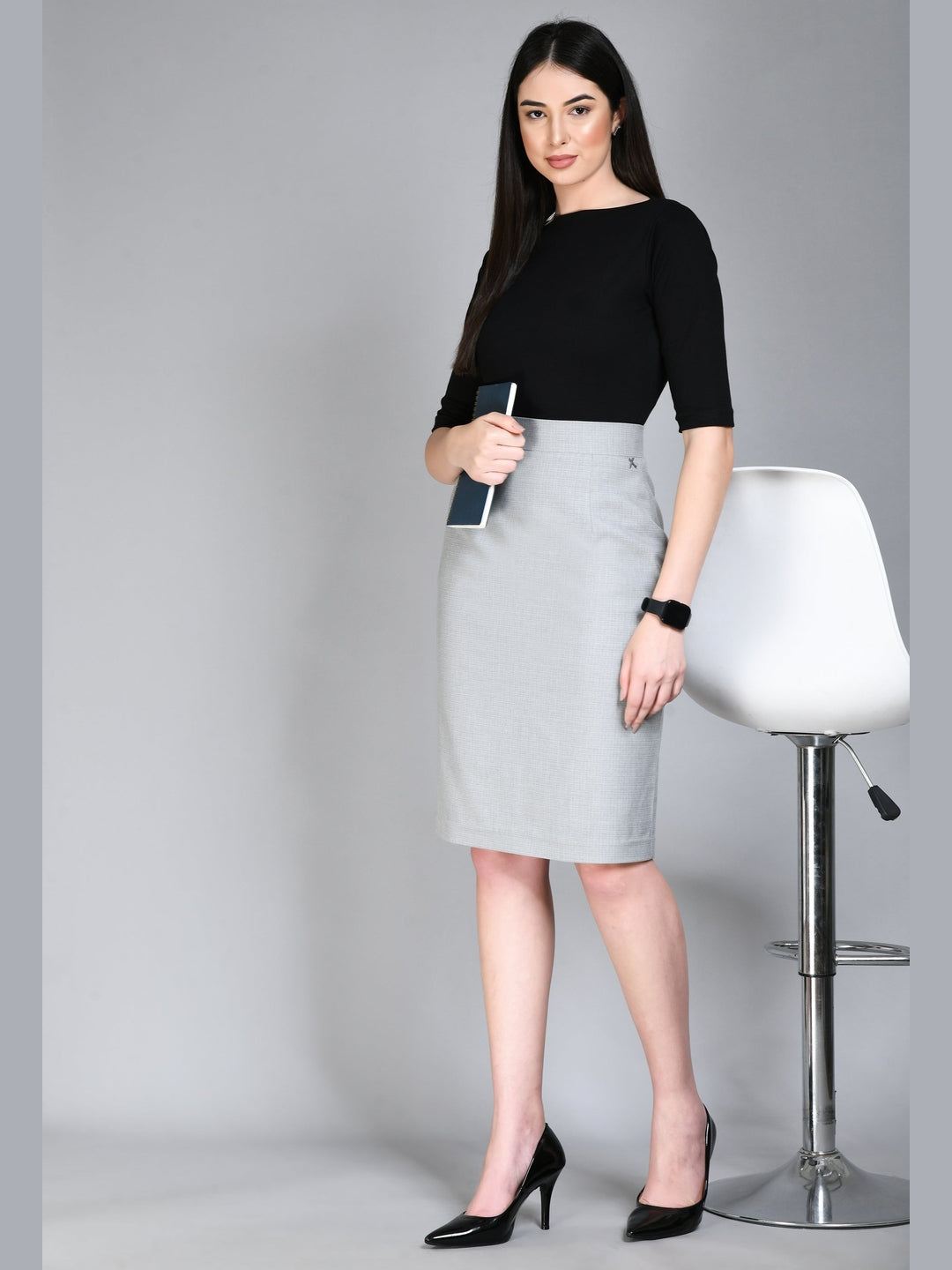 Exude Empathy Checked Pencil Skirt Grey Skirt
