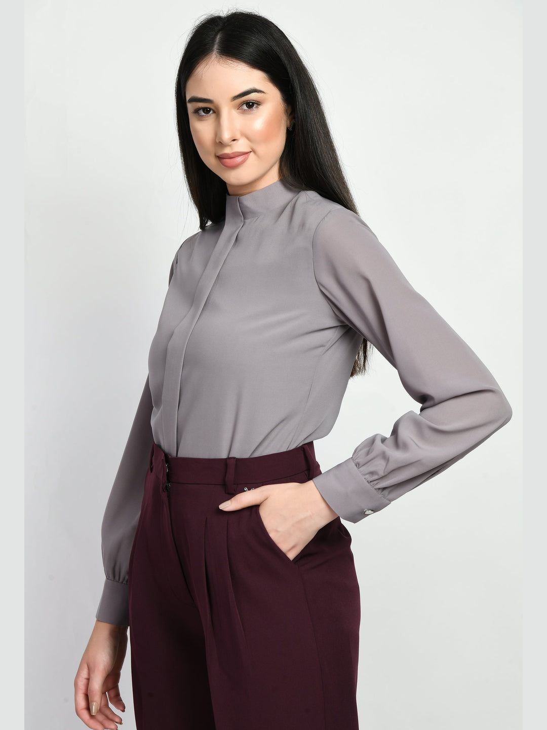 Exude Foresight High Neck Front Pleat Top Lilac Grey Tops