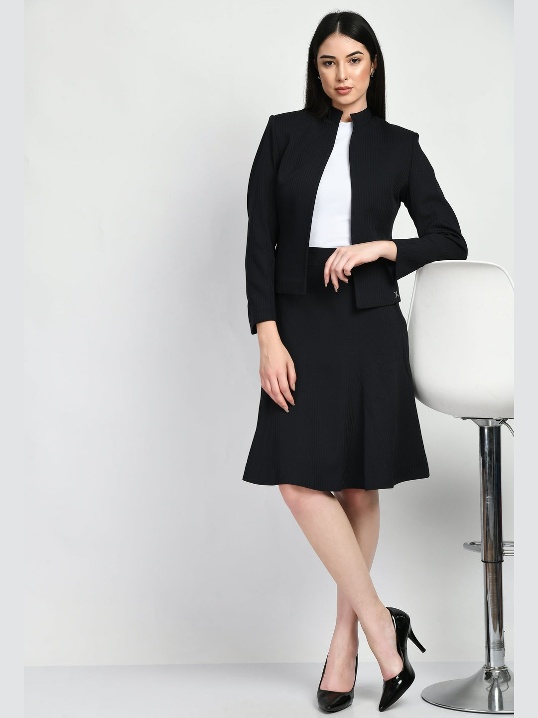 Exude Intelligence Striped Short Blazer A-line Skirt Suit Navy Suit