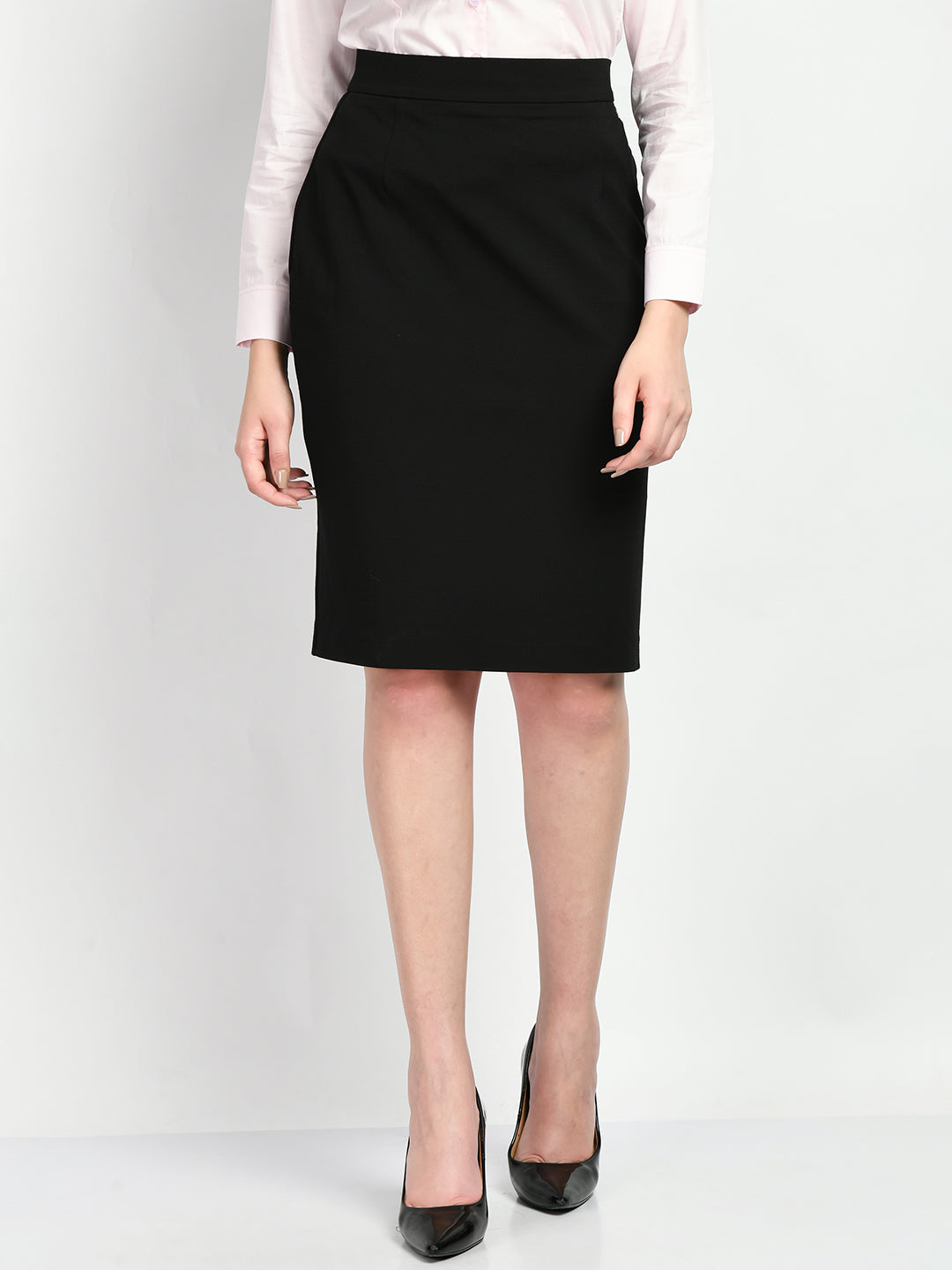 Exude Leadership Solid 4 Way Stretch Pencil Skirt Black Skirt