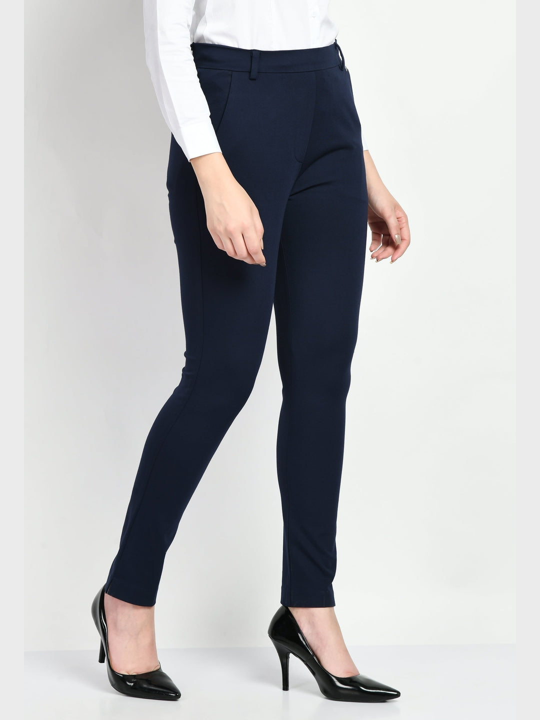 Exude Respect Solid 4 Way Stretch Slim Trousers Navy Trouser