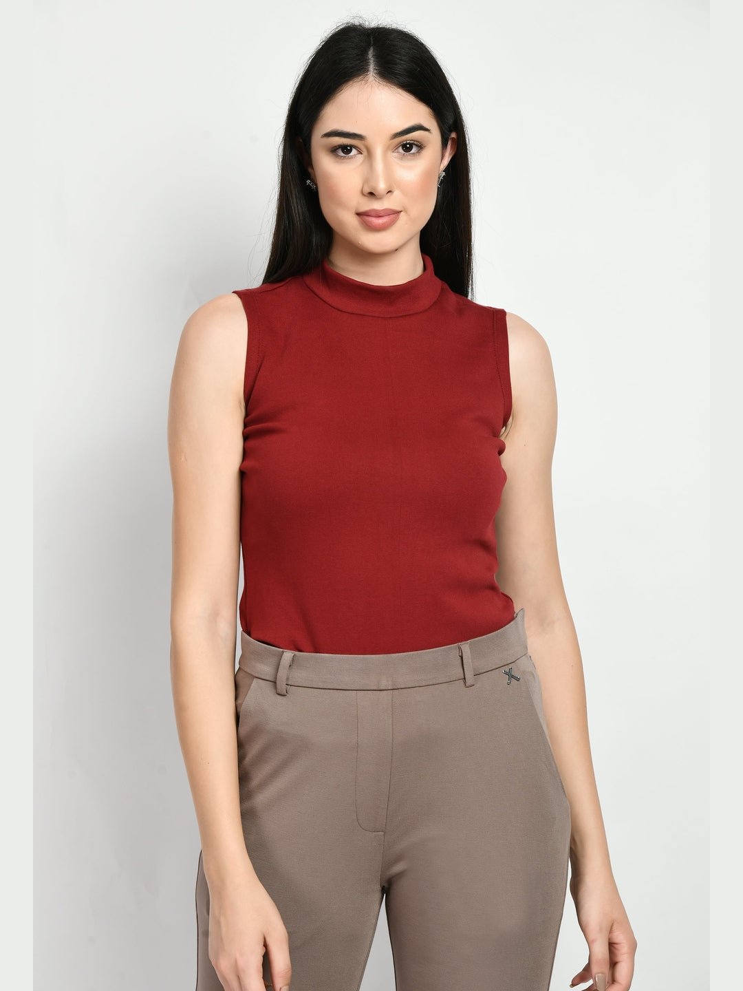 Exude Prudence High Neck Sleeveless T-shirt Red T-Shirts