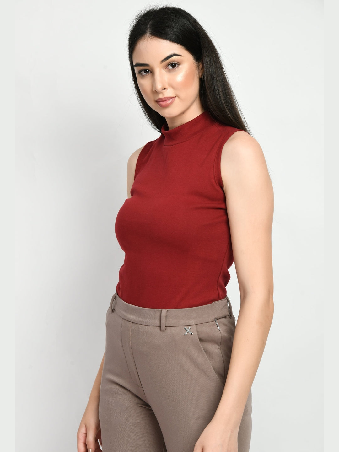 Exude Prudence High Neck Sleeveless T-shirt Red T-Shirts