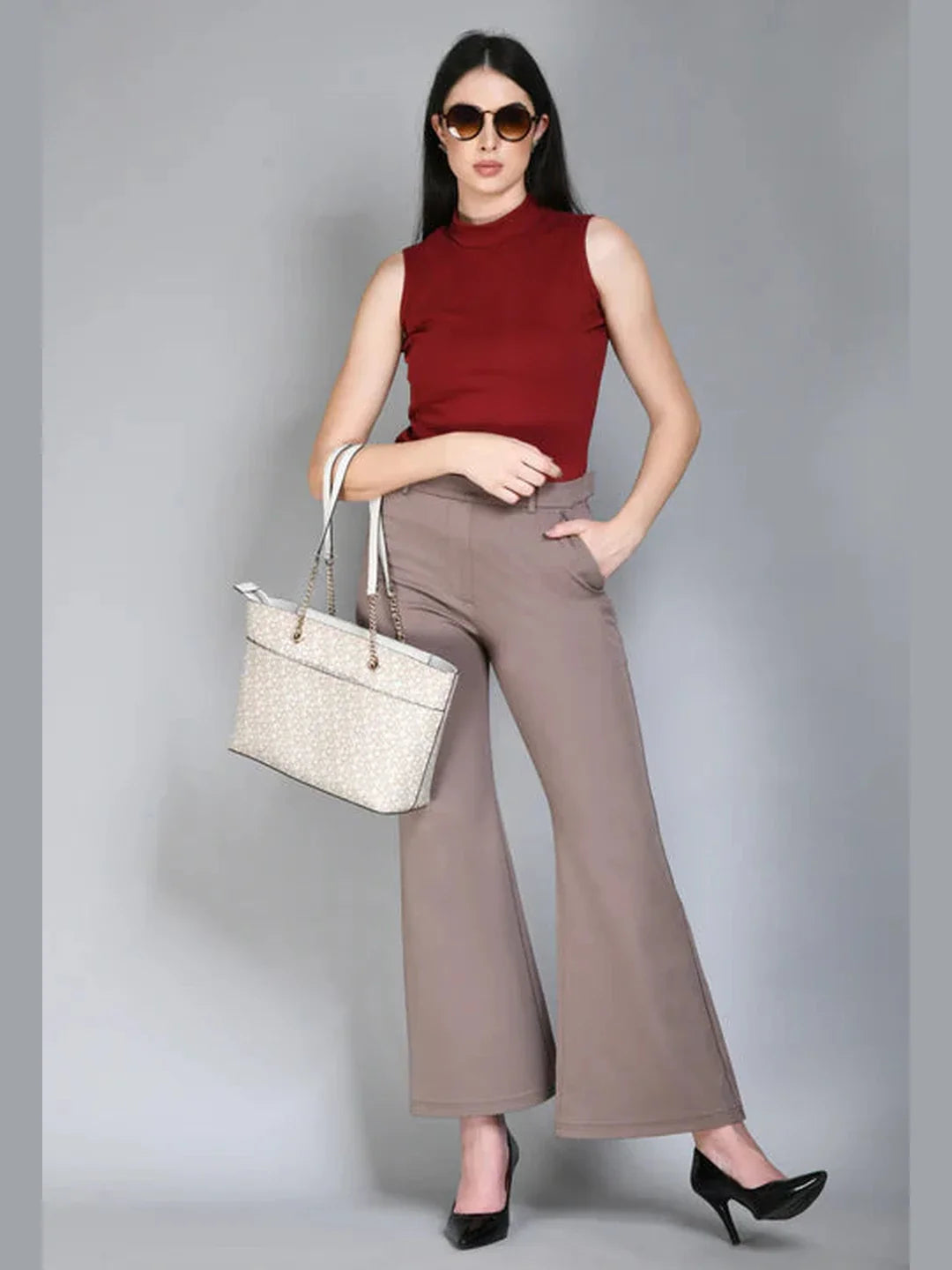 Exude Accomplishment Solid 4 Way Stretch Bootcut Trousers Camel Beige Trouser