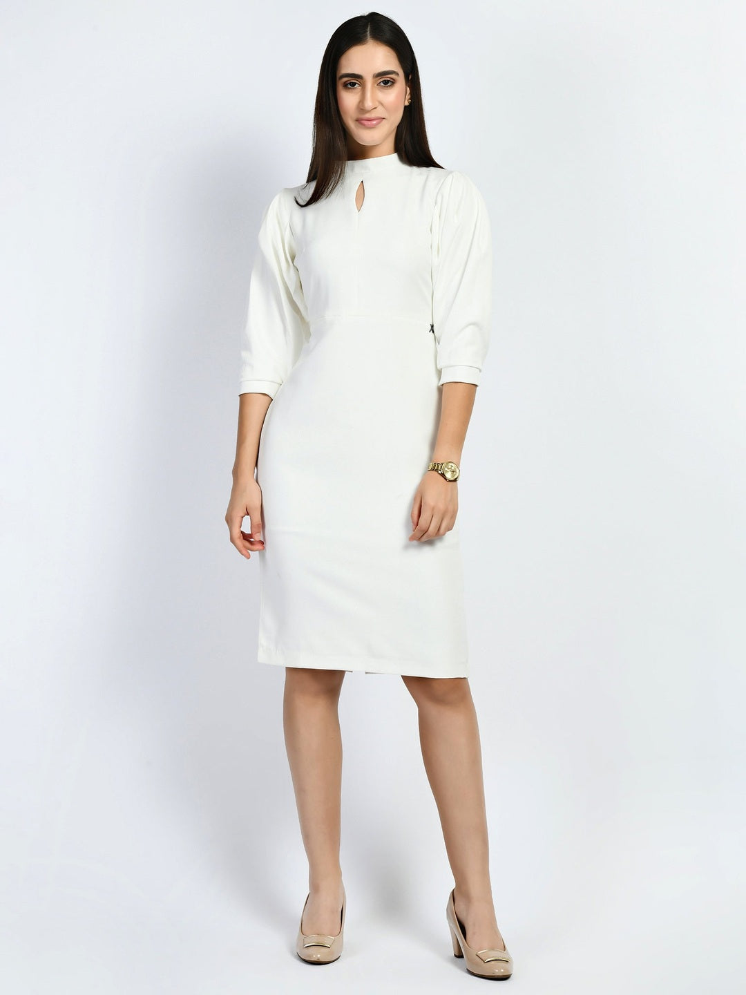Exude Allure Puffed Sleeves Sheath Dress White Dresses