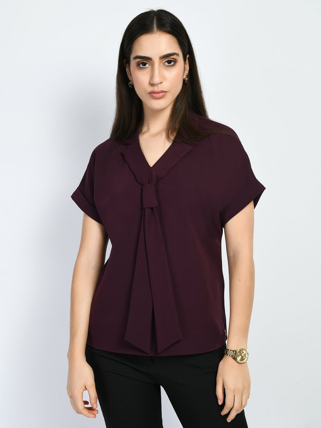 Exude Transcendence Blazer Top with Front Tie Wine Tops