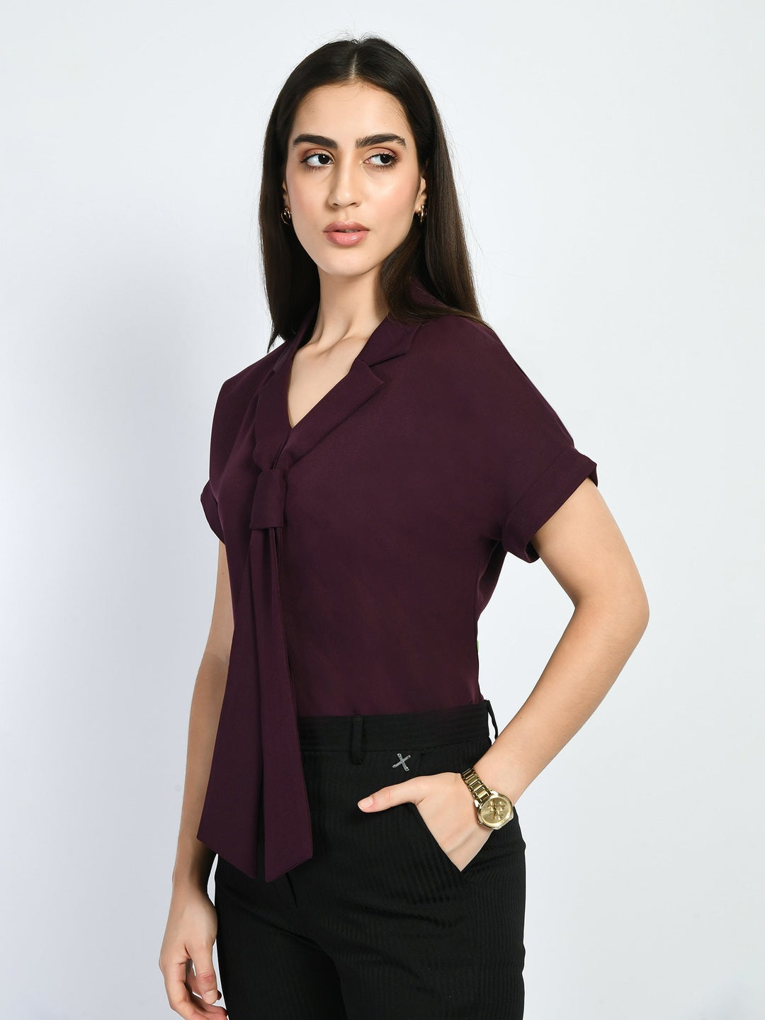 Exude Transcendence Blazer Top with Front Tie Wine Tops