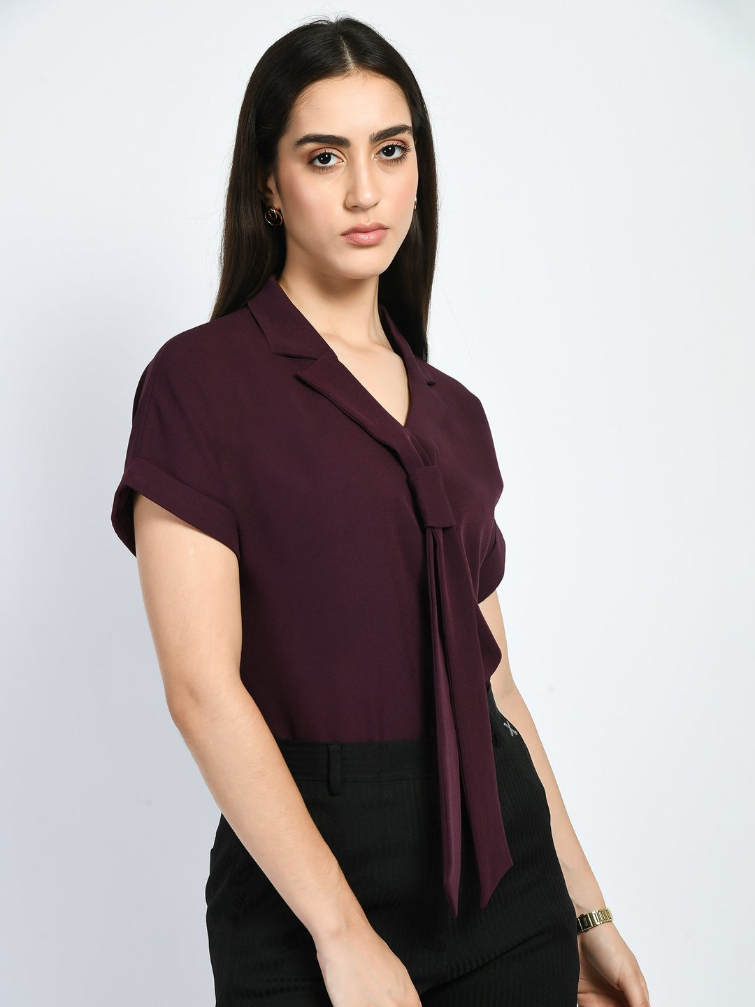 Exude Transcendence Blazer Top with Front Tie Wine Tops