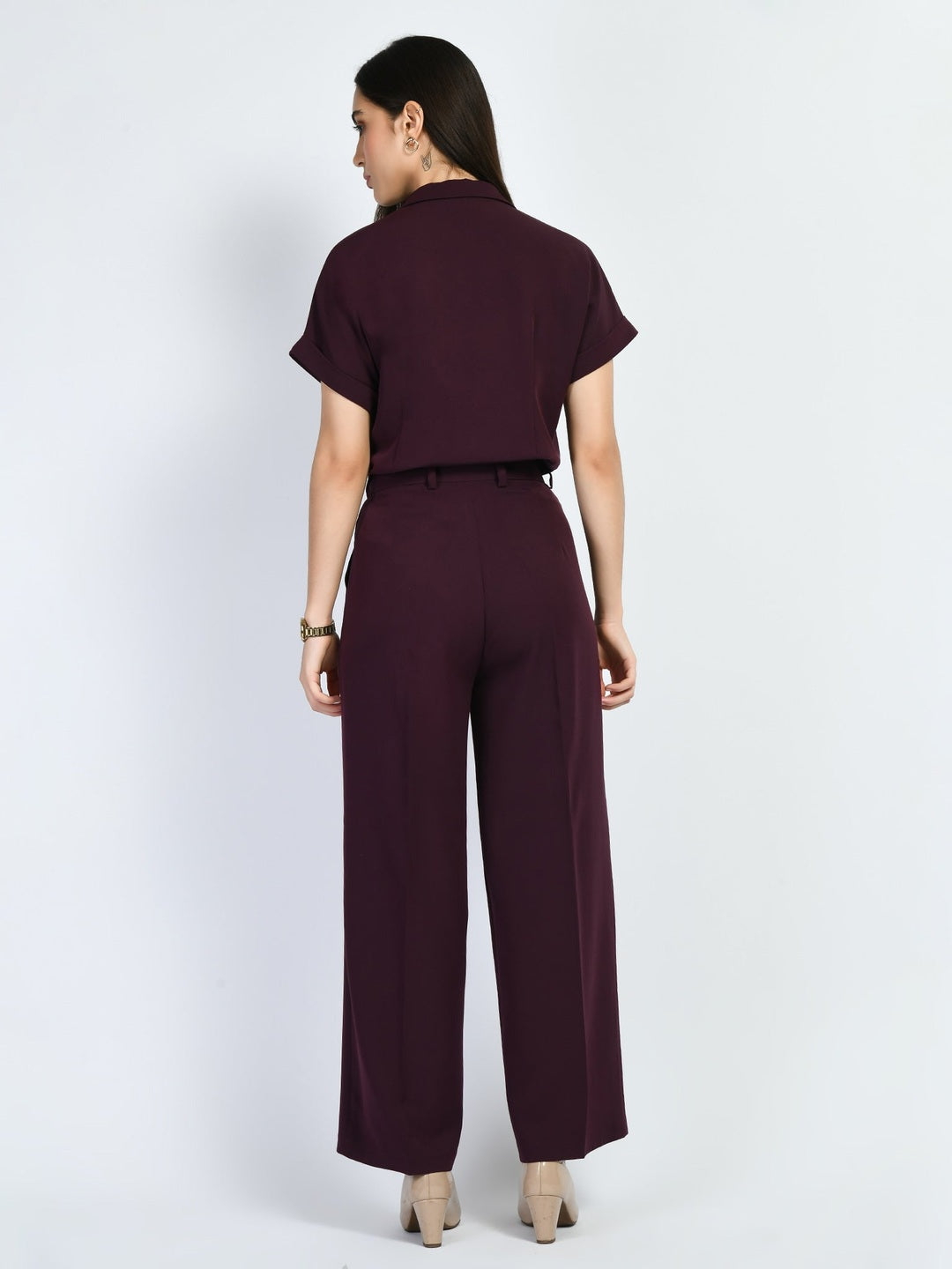 Exude Magnetism Solid Wide Leg Trousers With Blazer Tie Top Co-ord Wine Co-ord Sets