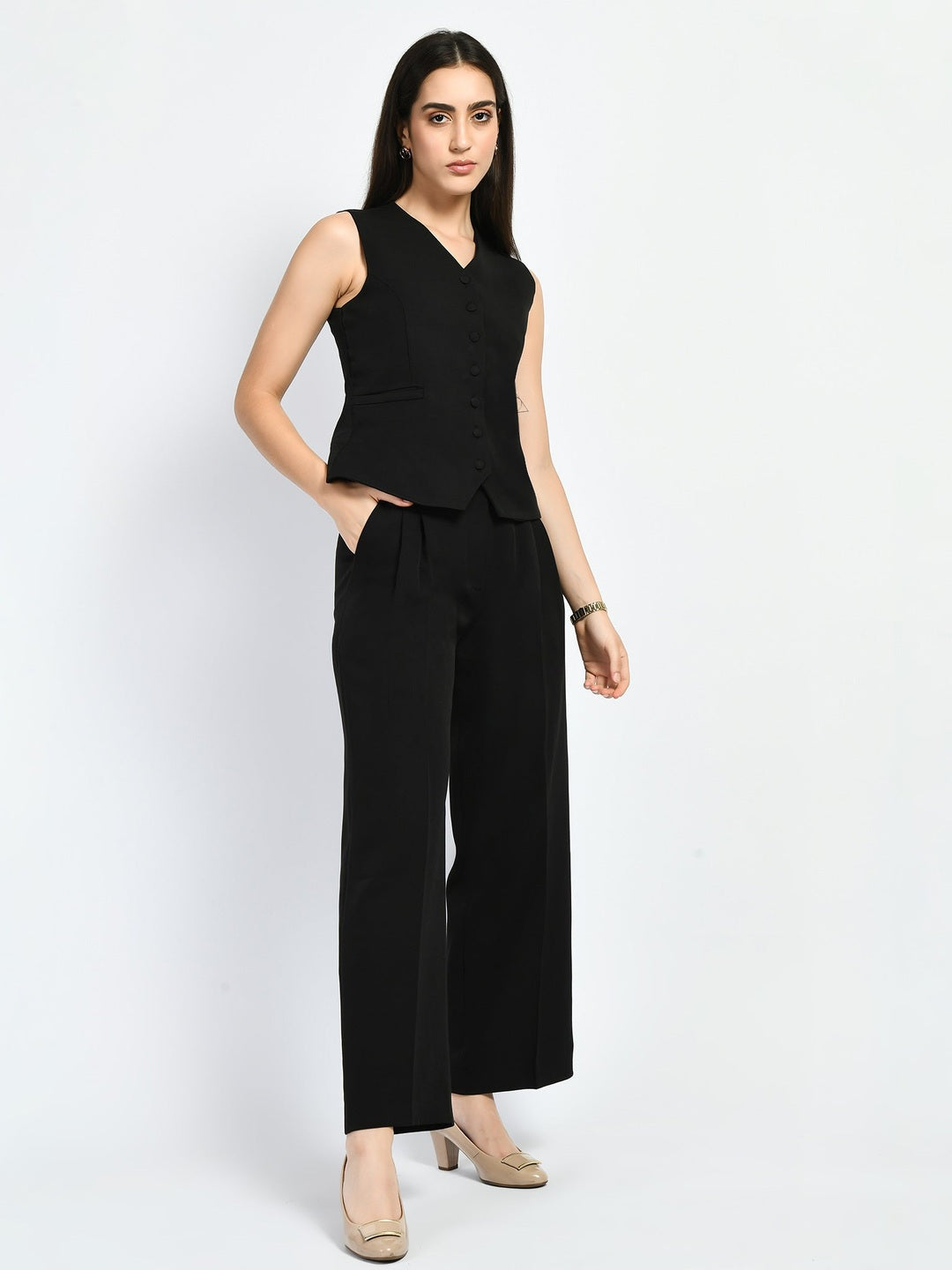 Exude Elusiveness Solid Wide Leg Trousers With Waist-Coat Top Co-ord Black Co-ord Sets