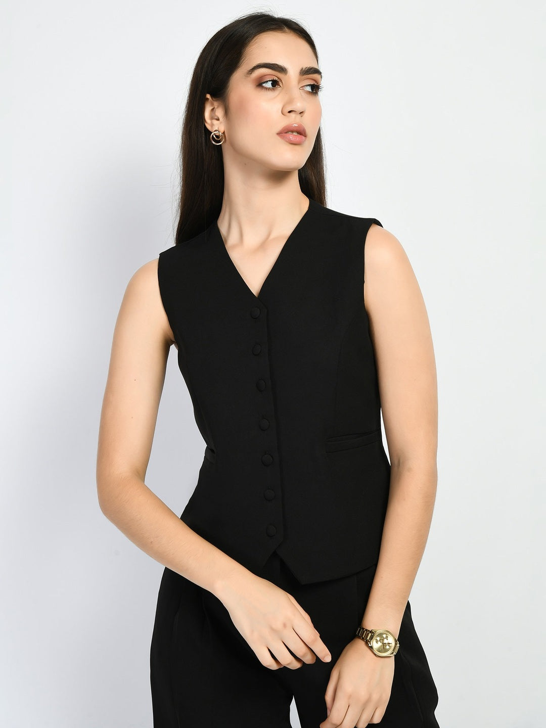 Exude Elusiveness Solid Wide Leg Trousers With Waist-Coat Top Co-ord Black Co-ord Sets