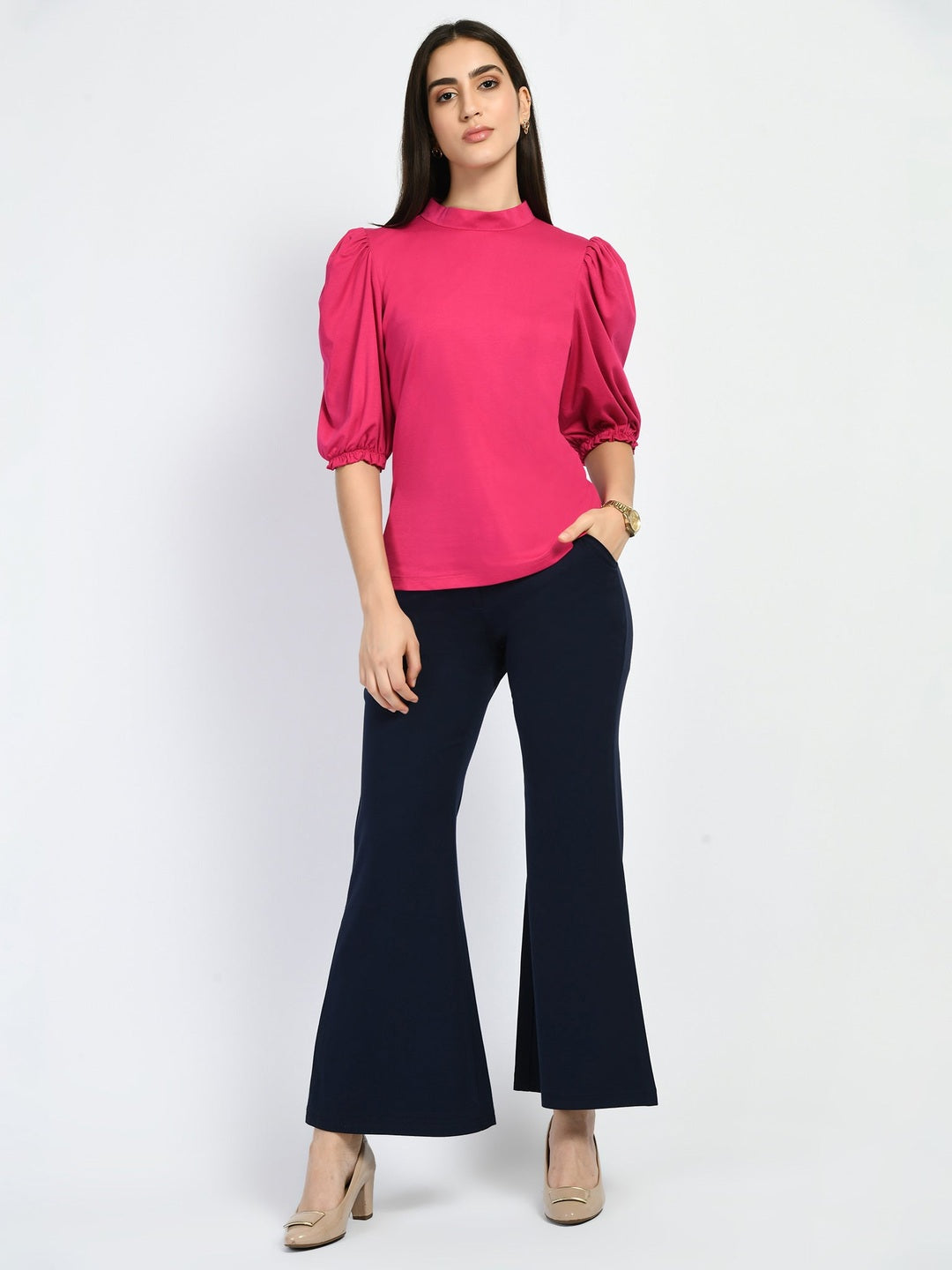 Exude Glamour Puffed Sleeves T-shirt Hot Pink T-Shirts