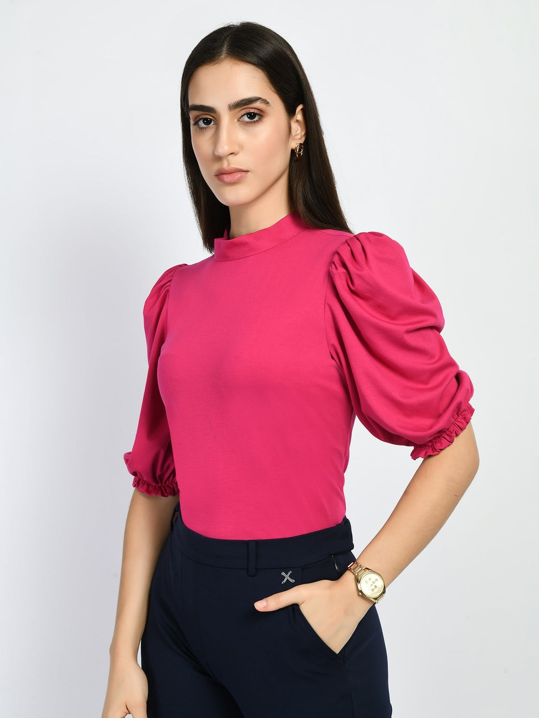 Exude Glamour Puffed Sleeves T-shirt Hot Pink T-Shirts