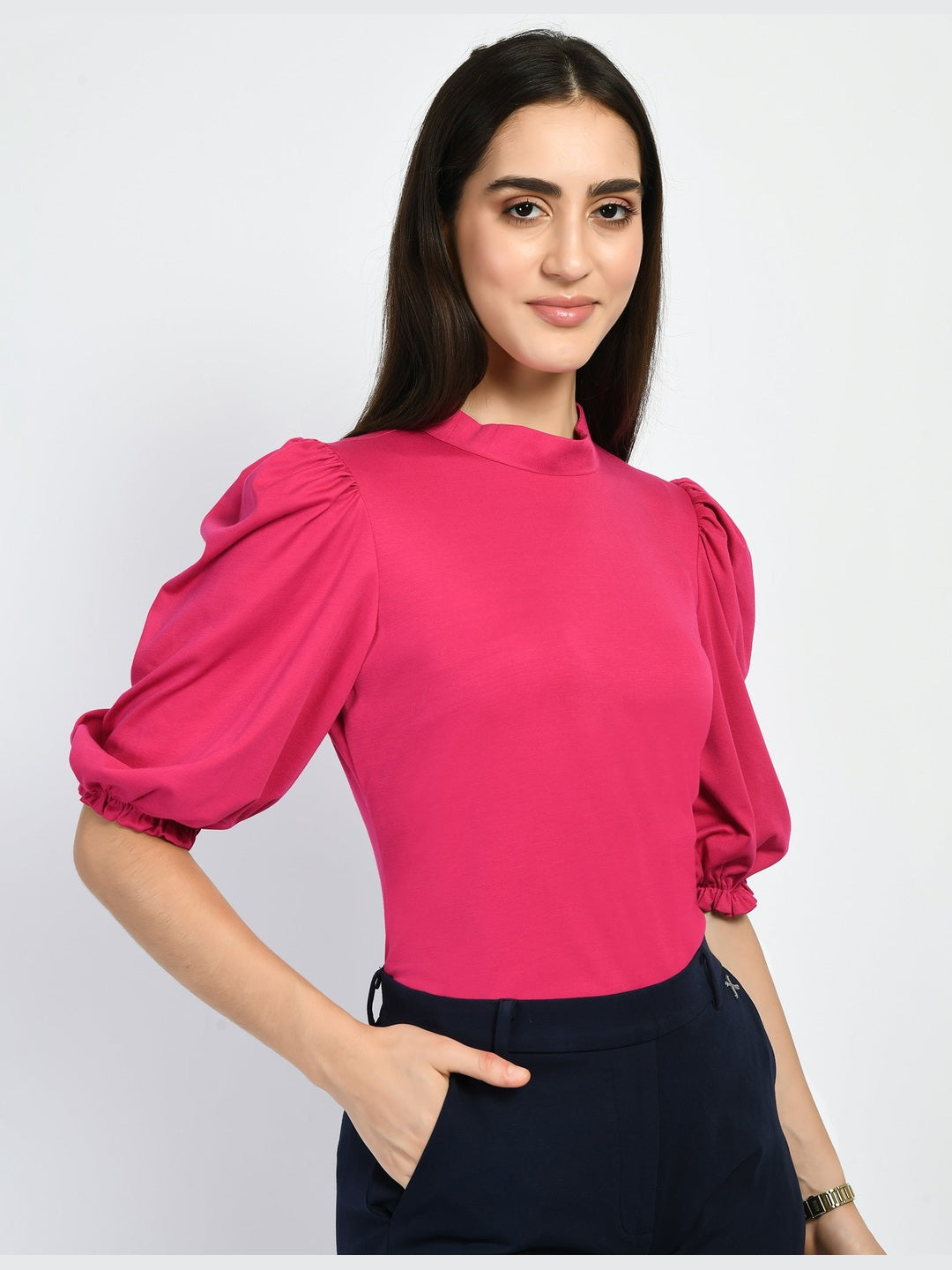 Exude Glamour Puffed Sleeves T-shirt Hot Pink T-Shirts