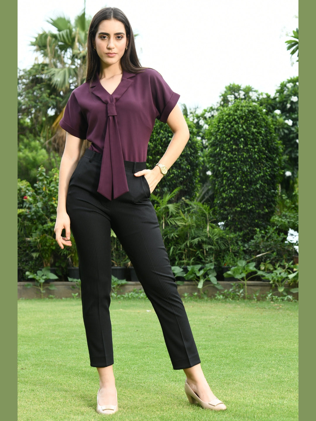 Exude Transcendence Blazer Top with Front Tie Wine Tops