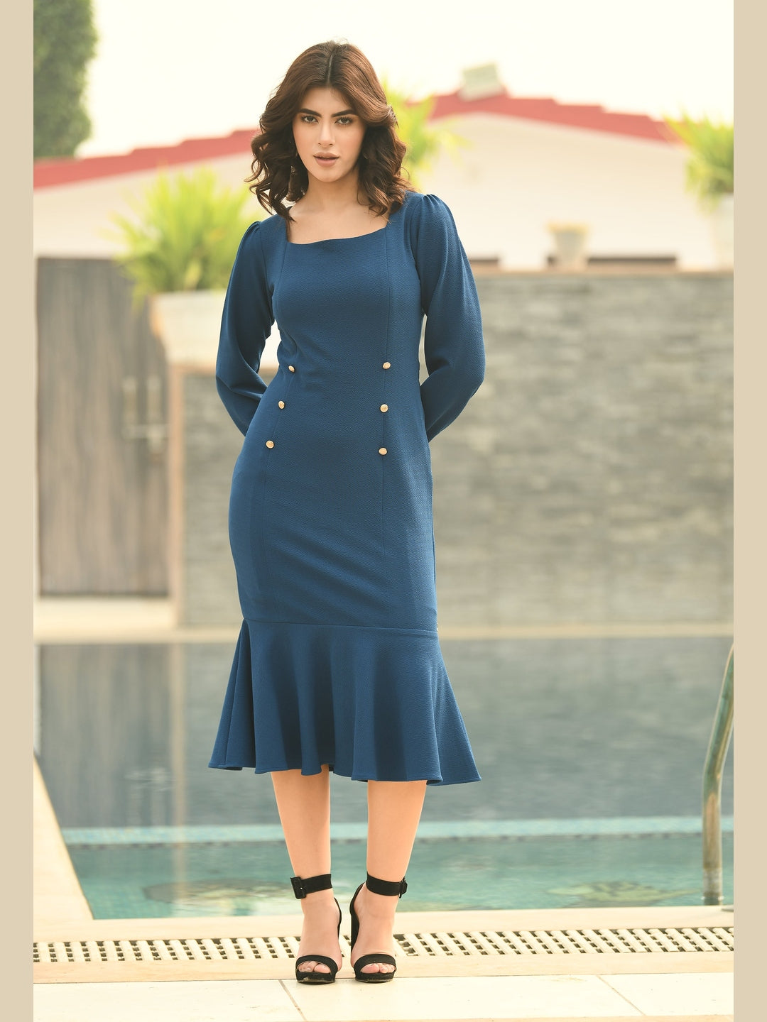 Exude Apogee Fishtail Midi Dress Royal Blue Dresses