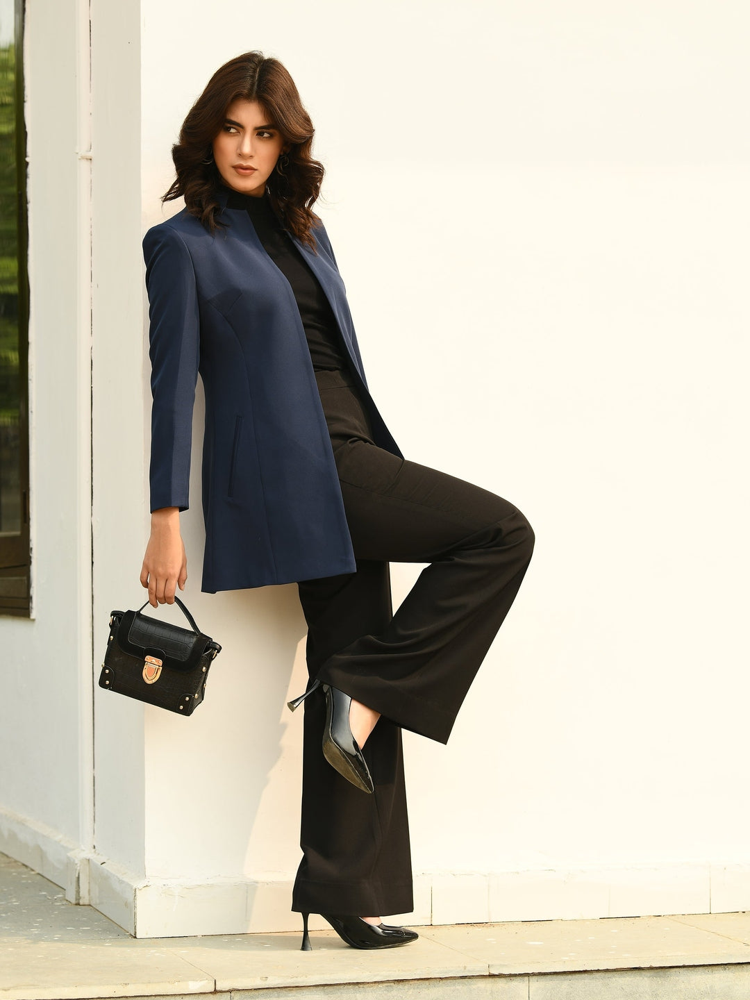 Exude Supremacy Solid Long Blazer Navy Blazers