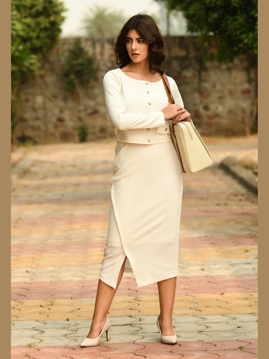 Exude Euphoria Pencil Midi Skirt with Front Slit White Skirts