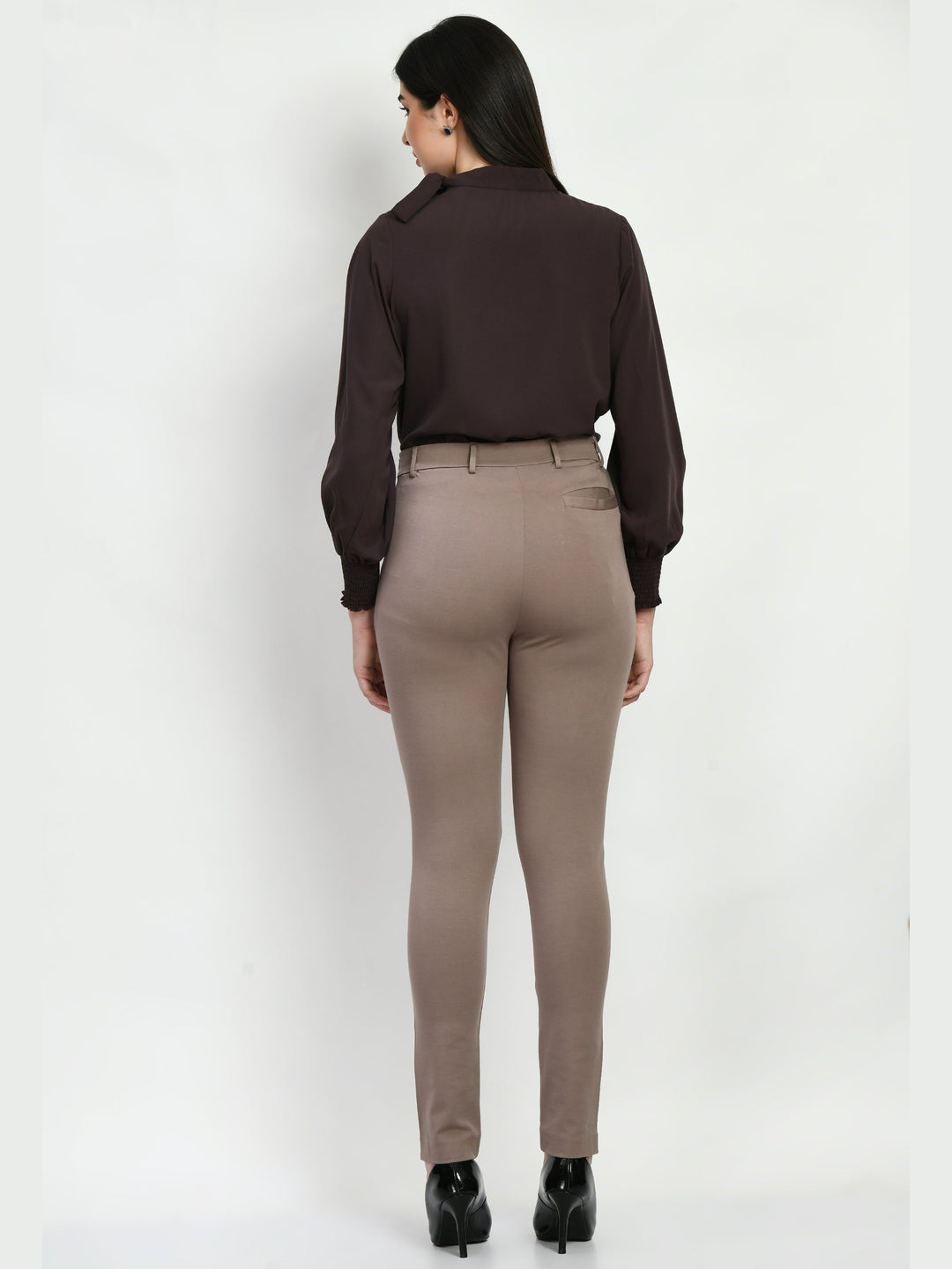 Exude Respect Solid 4 Way Stretch Slim Trousers Camel Beige Trouser