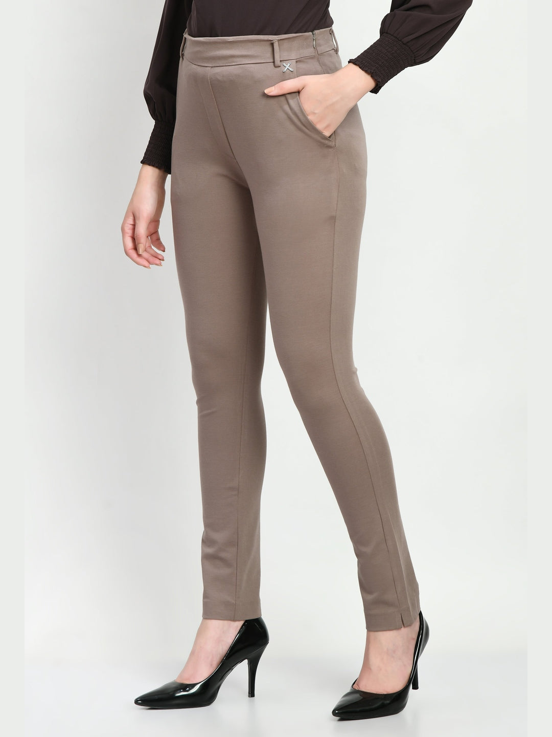 Exude Respect Solid 4 Way Stretch Slim Trousers Camel Beige Trouser