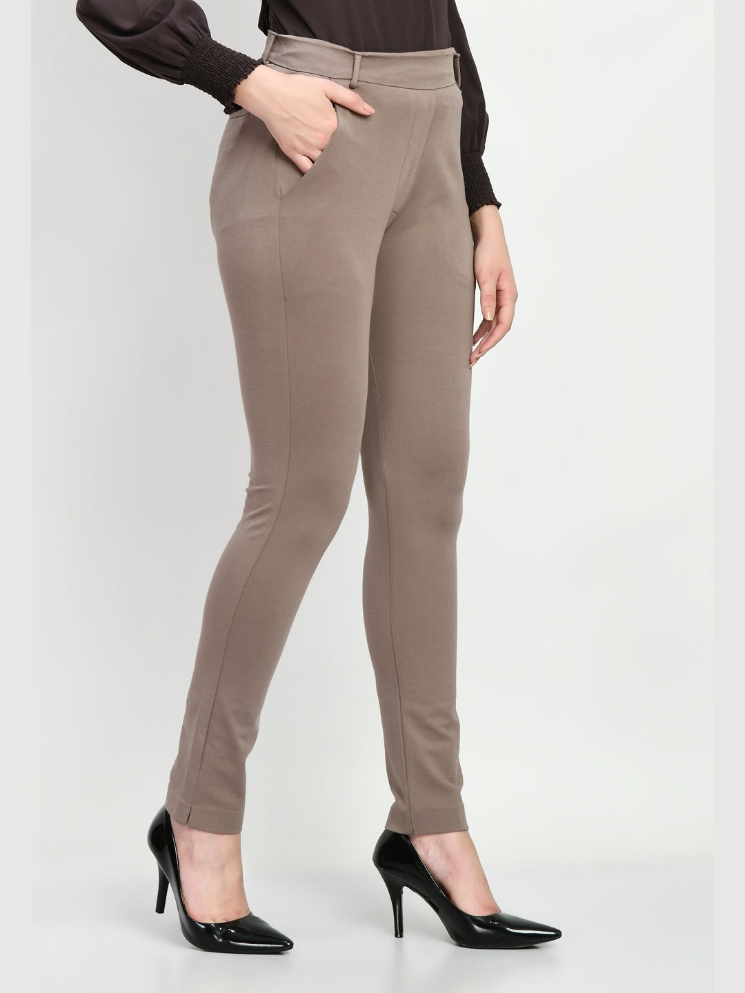 Exude Respect Solid 4 Way Stretch Slim Trousers Camel Beige Trouser
