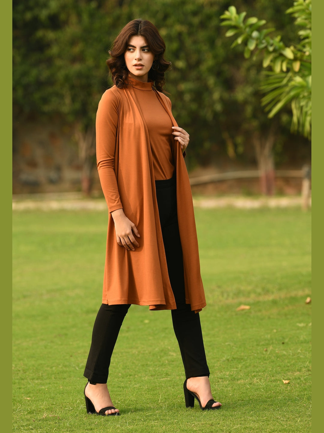 Exude Bravery Knee-length Shrug Tan Brown Shrugs